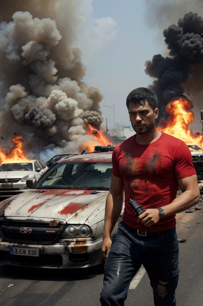 "A man with an RPG in his hands, wearing a red T-shirt, wreaks havoc everywhere. Fires blaze, cars are overturned, and many people are injured in the chaos."