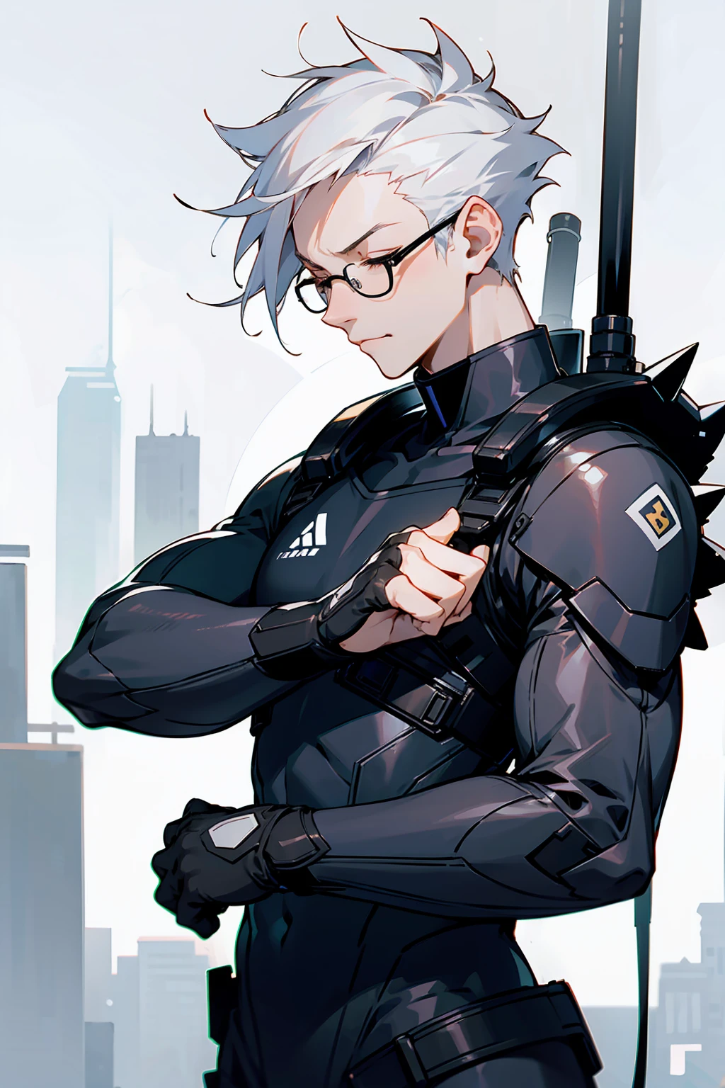 1male, Young Adult, White Hair, Eyes Closed, Short Hair, Spikey Hair, Dojo Background, Slight Smile, Glasses, Standing In City, Detailed background, Black and White Combat Suit