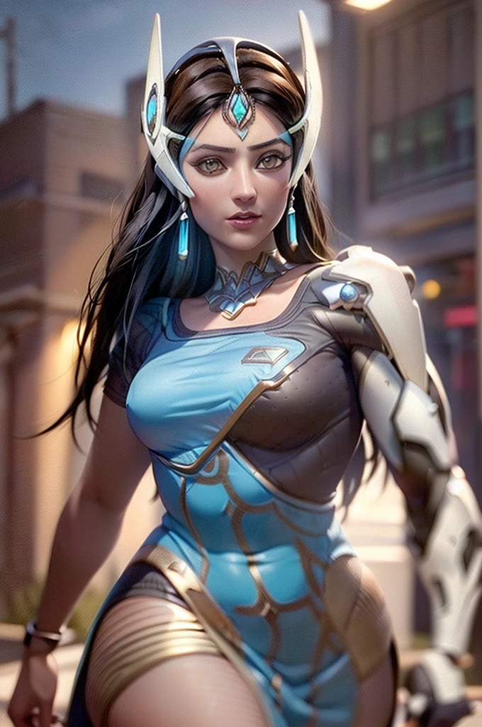 ((Realistic lighting, Best quality, 8K, Masterpiece: 1.3)), Focus: 1.2, 1girl, Perfect Body Beauty: 1.4, Slim Abs: 1.1, ((Dark Brown Hair)), (Symmetra: 1.4), (Outdoor, Night: 1.1), City Street, Super Fine Face, Fine Eyes, Double Eyelids,