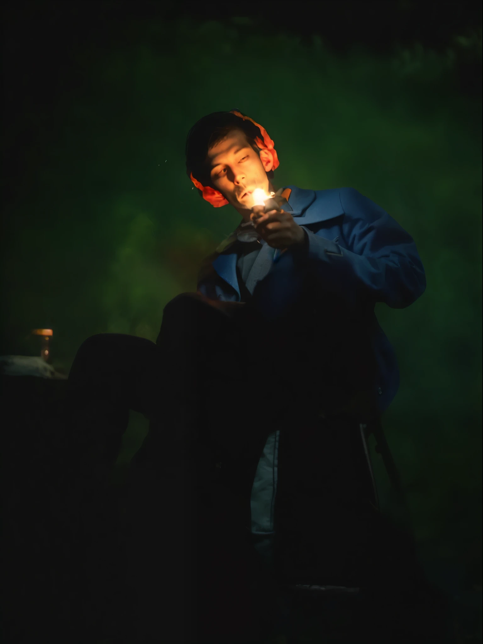 Man, skin melting, lighting cigarette, old chair, tree behind, dark forest background, image in dim light, torn blue coat, black pants with chain, combat boots, penetrating gaze, lit by torches,