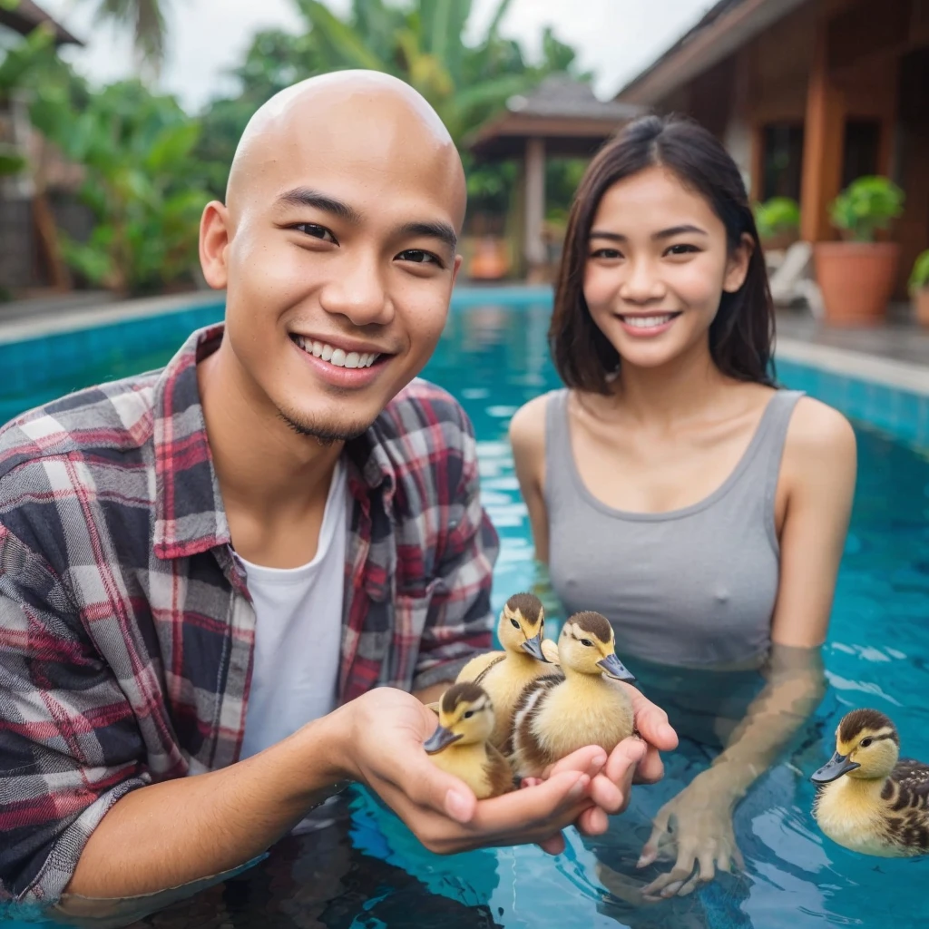 realistic photo, shows an indonesian young man, bald head,  wearing plaid shirt, was training duckling to swim in the pool. Beside him there was a beautiful girl, wearing a grey tanktop, watching with a cheerful face, smiling happily