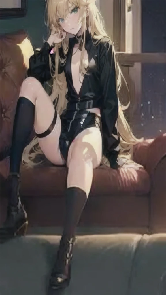 Anime girl sitting on the sofa with legs crossed, Attractive anime girl, from Girls' Frontline, fine details. Girls' Frontline, exposed thigh!!!, Sexy style, (SFW) Work, Artwork in the style of Guweiz, Extremely detailed artger, thigh!!!, Popularity on pixiv, Popular on cgstation, Tick, and loish and wlop