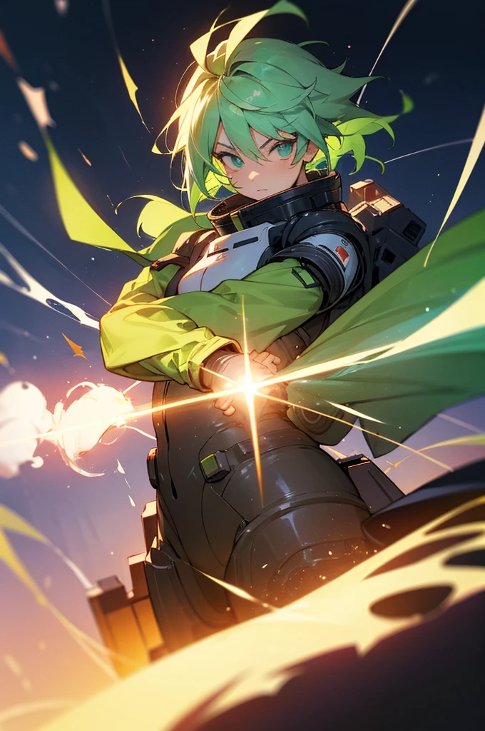 light green hair, anime  guy, black space suit, energy ball, hair glow
