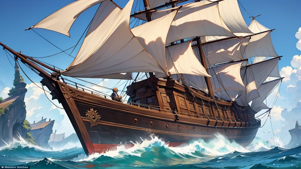 out on the open ocean a high fantasy elven style large wooden ship with very detailed intricate carvings on it, a large tree growing at the front of the ship