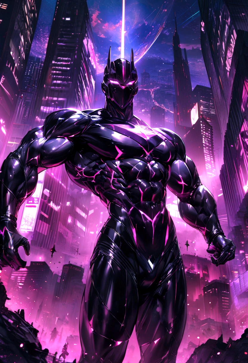chrome gothic dark ht, very strong muscle, chrome dark cibernetic suit, city around, nig dark energy around, luminous eyes, cosmic rays around of the body, ultra 8k high quality, masterpiece