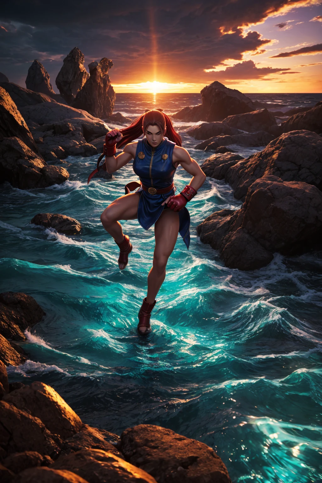 "Yo, create a sick digital illustration of a Street Fighter character unleashing their Dark Hadou energy, with a realistic anime style, masterpiece CG, pro color grading, and super detailed 16k HDR resolution. Make it so the artwork has crashing energy, a setting sun, and ancientEdo Tokyo. Use a vibrant, ocean-themed color palette. The overall vibe should be kinda mystical and trippy. Focus on the intense, powerful energy the character emits when they unleash their Dark Hadou. Use dramatic lighting and dynamic camera angles to amp up the action and drama. Pay close attention to intricate details and textures in the character, environment, and energy effects. Make it look epic!"