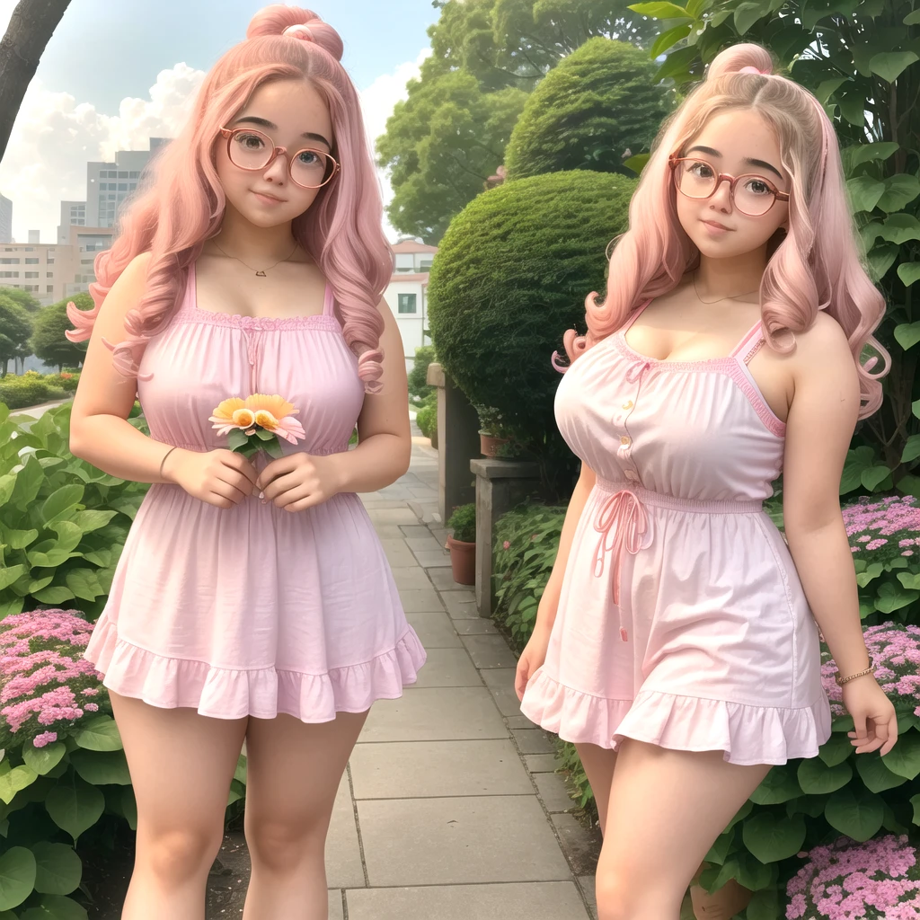 A girl with chubby cheek long curly hair with glasses and pink cheeks. cute outfit white skin chubby fat woman Behind is a flower garden. There is 1 person.