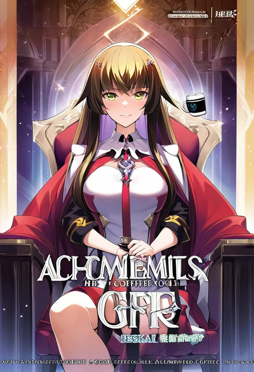 Anime girl sitting on a chair with a coffee cup in her hand, Alchemist Girl, Light novel cover, Official Art, Epic light novel art cover, Official Artwork, epic Light novel cover, change, isekai, small curve change, Kushat Wreath, Kshat Krentz Key Art Feminine, Shadowverse Style, Moe Dwarf,