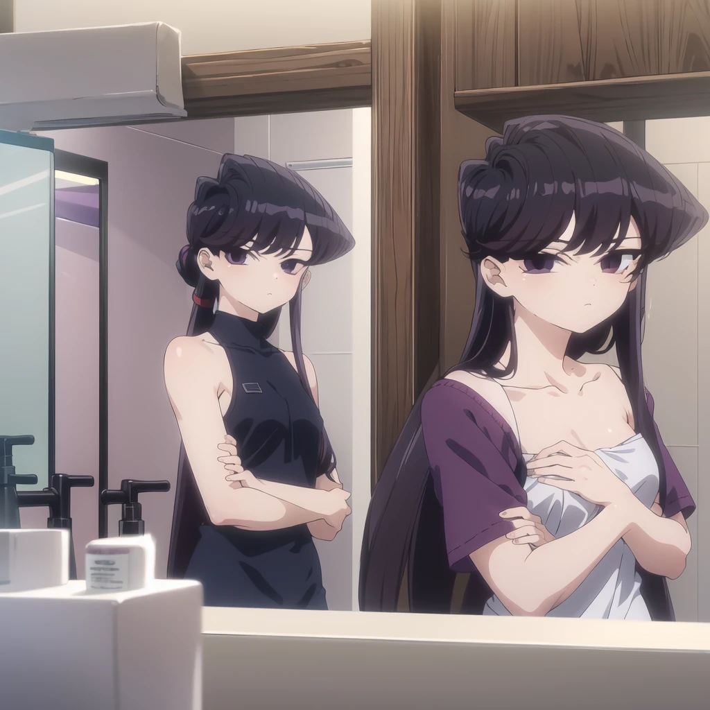 shokokomidef, purple hair, purple eyes, long hair,
absurdres, 1girl, looking at viewer, standing, v arms, bathroom, upper body, bath towel
masterpiece, best quality,