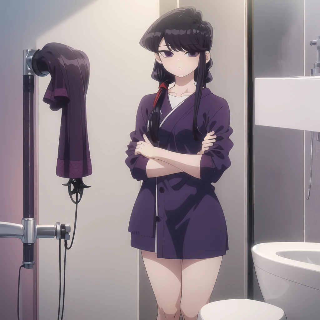 shokokomidef, purple hair, purple eyes, long hair,
absurdres, 1girl, looking at viewer, standing, v arms, bathroom, upper body, bath towel
masterpiece, best quality,