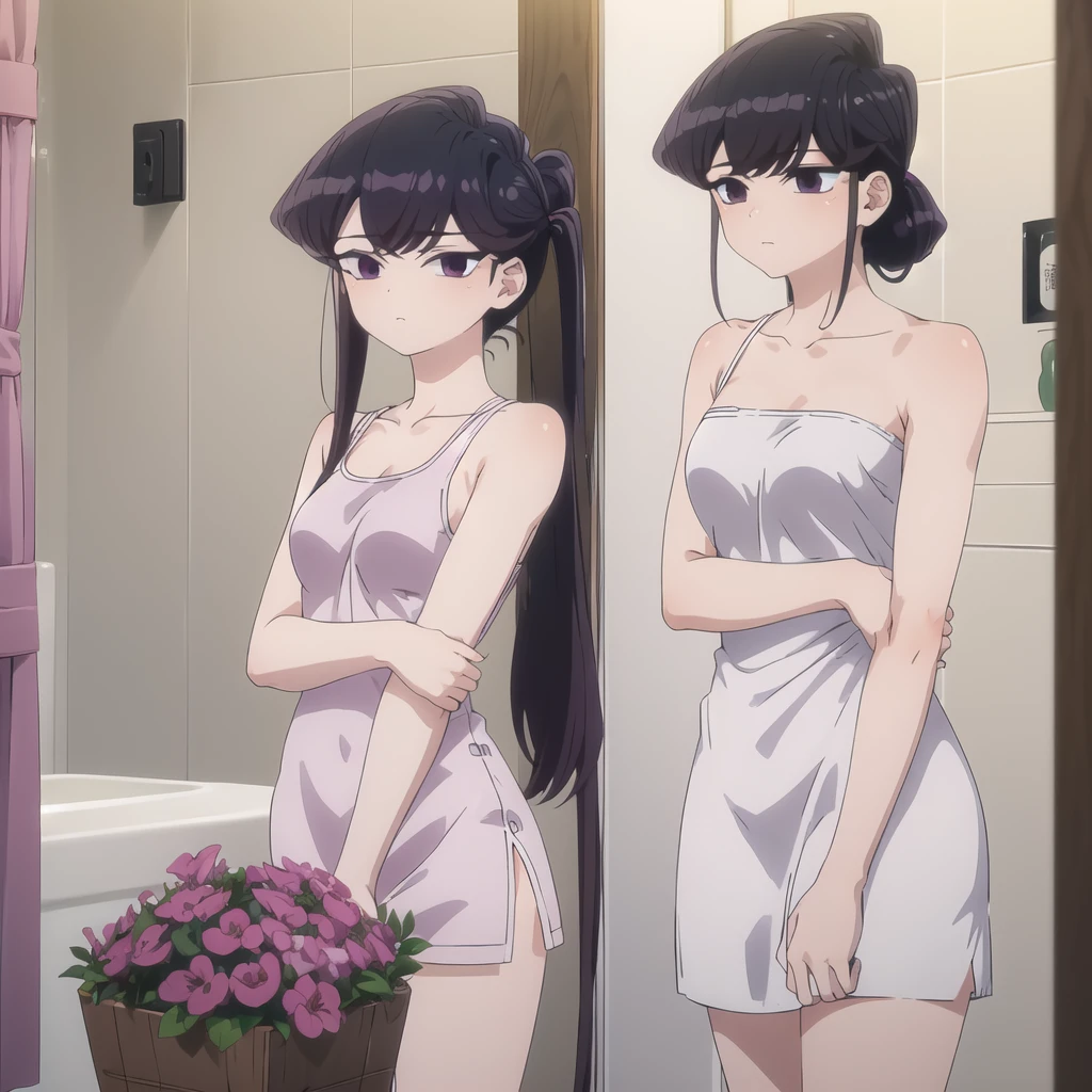 shokokomidef, purple hair, purple eyes, long hair,
absurdres, 1girl, looking at viewer, standing, v arms, bathroom, upper body, bath towel
masterpiece, best quality,