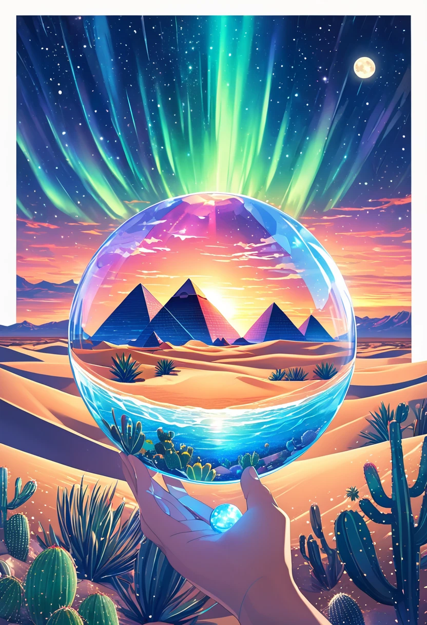 1pzsj1, A hand holding a crystal ball,(((Inside the crystal ball))),(Ultra wide angle),Inside the sphere,A girl is mesmerized by the amazing expanse of the desert at night,Gaze at the stars and moonlit sand dunes,There is a hint of aurora in the distance。She is surrounded by a tranquil landscape,Dotted with small cacti and majestic pyramids, This artwork is a true masterpiece,Renowned for its impeccable quality,And became popular on Artstation because of its intricate details