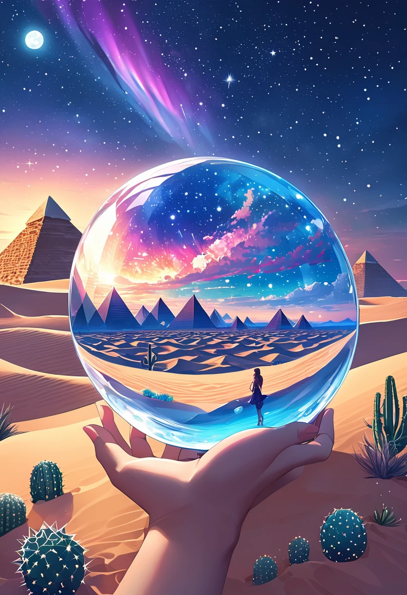 1pzsj1, A hand holding a crystal ball，(((Inside the crystal ball)))，(Ultra wide angle)，Inside the sphere，A girl is mesmerized by the amazing expanse of the desert at night，Gaze at the stars and moonlit sand dunes，There is a hint of aurora in the distance。She is surrounded by a tranquil landscape，Dotted with small cacti and majestic pyramids, This artwork is a true masterpiece，Renowned for its impeccable quality，And became popular on Artstation because of its intricate details