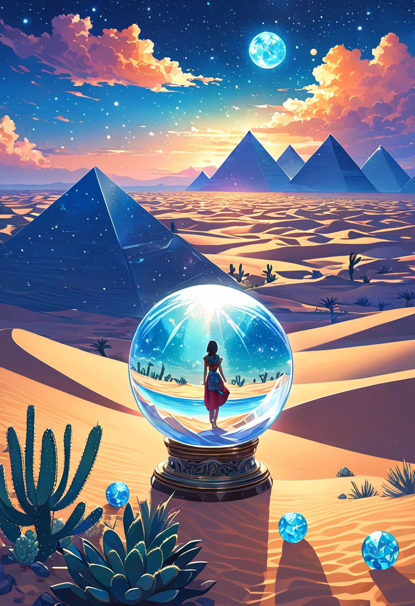 1pzsj1, A hand holding a crystal ball，(((Inside the crystal ball)))，(Ultra wide angle)，Inside the sphere，A girl is mesmerized by the amazing expanse of the desert at night，Gaze at the stars and moonlit sand dunes，There is a hint of aurora in the distance。She is surrounded by a tranquil landscape，Dotted with small cacti and majestic pyramids, This artwork is a true masterpiece，Renowned for its impeccable quality，And became popular on Artstation because of its intricate details