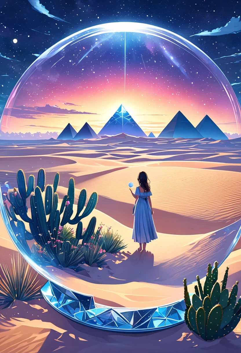 1pzsj1, A hand holding a crystal ball，(((Inside the crystal ball)))，(Ultra wide angle)，Inside the sphere，A girl is mesmerized by the amazing expanse of the desert at night，Gaze at the stars and moonlit sand dunes，There is a hint of aurora in the distance。She is surrounded by a tranquil landscape，Dotted with small cacti and majestic pyramids, This artwork is a true masterpiece，Renowned for its impeccable quality，And became popular on Artstation because of its intricate details