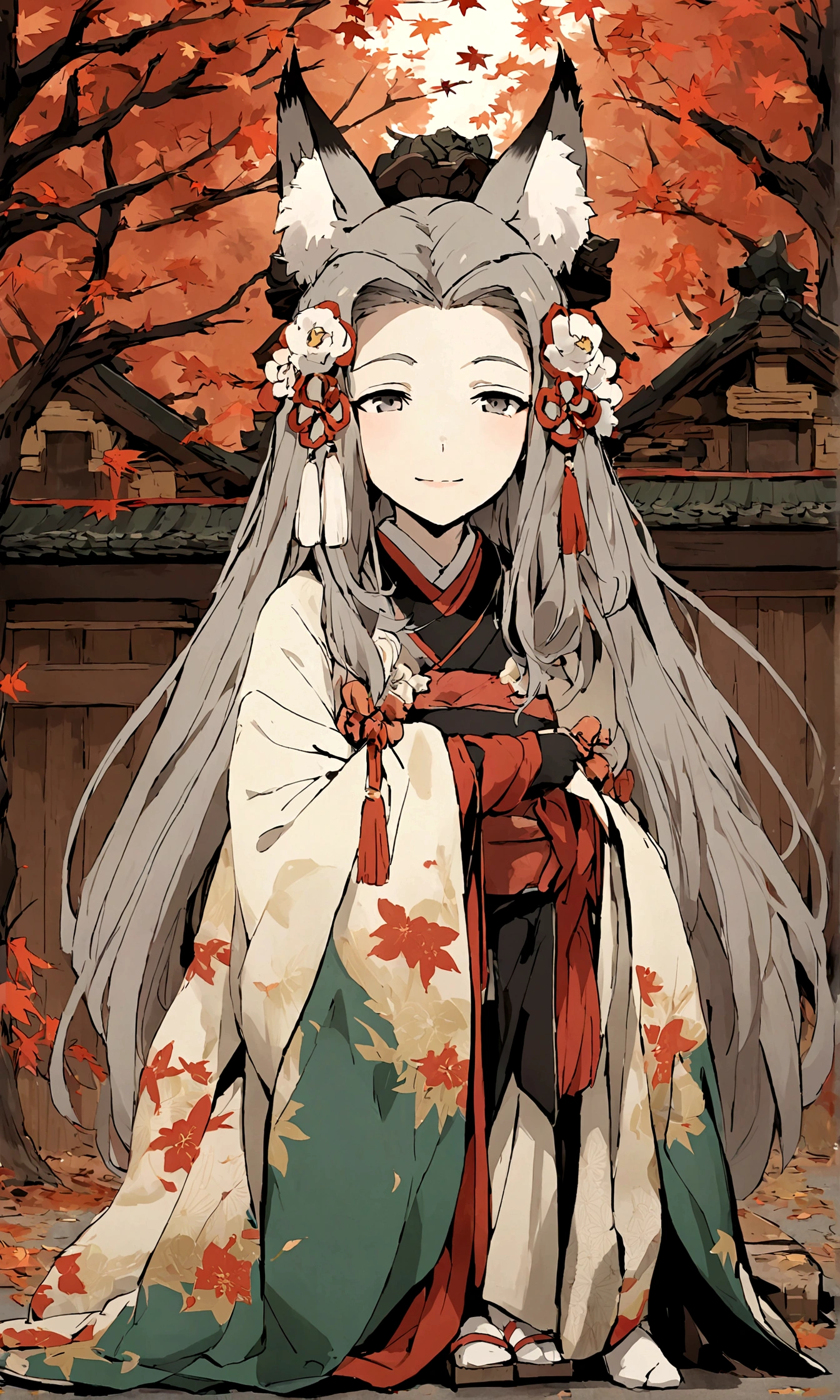 (Fox ears),Mature and elegant elder sister,身穿kimono的女性、Long hair,(kimono,White tabi and geta),shrine,Shrine maiden,Gentle smile,美丽的shrine风景,Autumn,maple,Anime Background,Japanese art style,, 8K,fallen leaves
