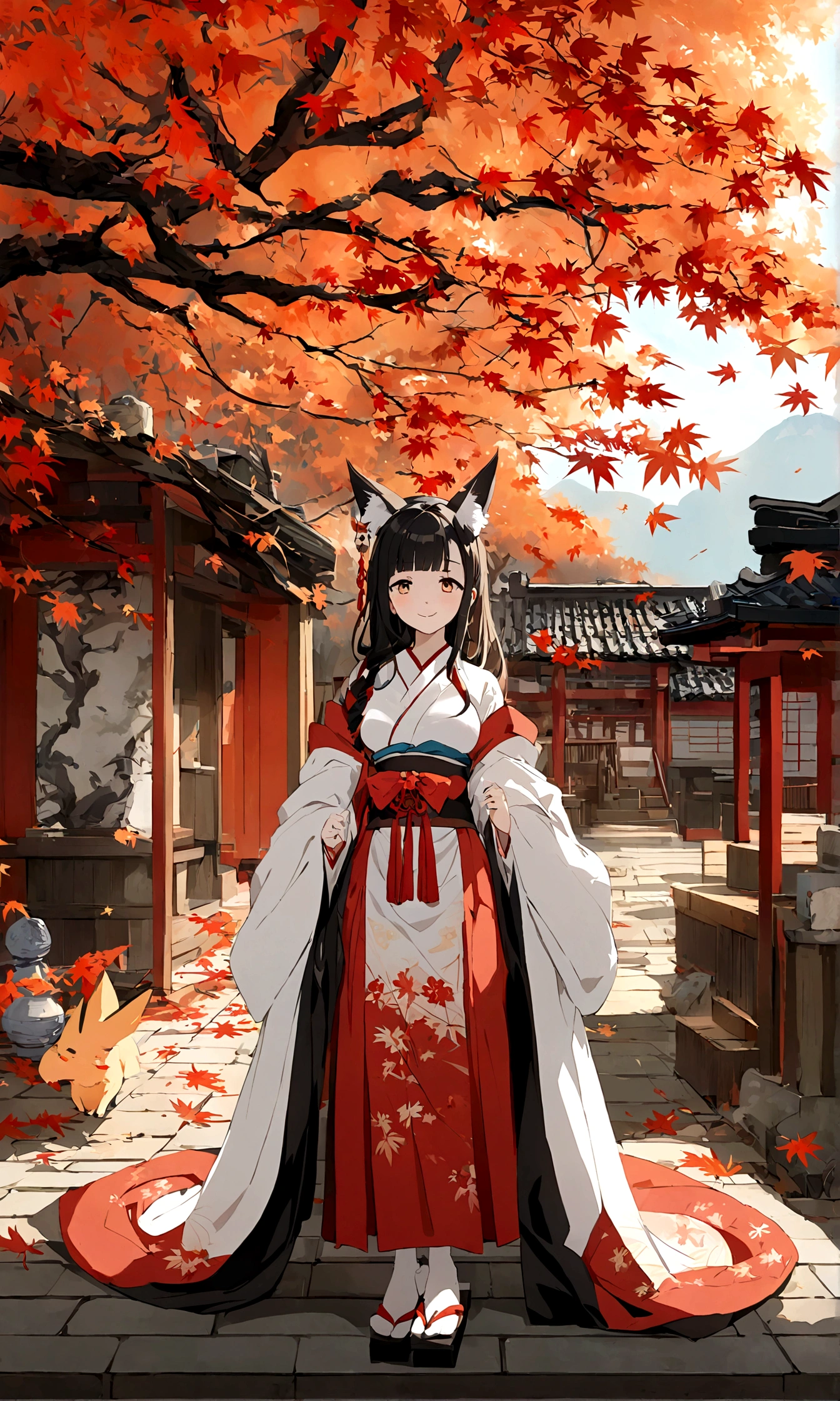 （Fox ears），Mature and elegant elder sister，身穿kimono的女性、Long hair，（kimono，White tabi and geta），shrine，Shrine maiden，Gentle smile，美丽的shrine风景，Autumn,maple，Anime Background，Japanese art style,, 8K，fallen leaves