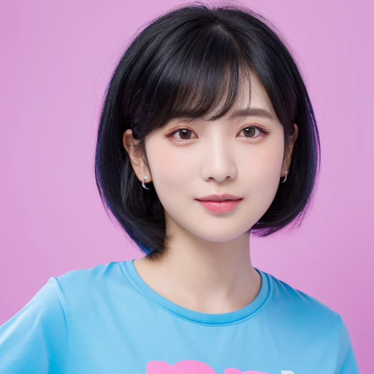 (masterpiece, best quality; 1.3), ultra-detailliert, look at the viewer, wearing a blue t-shirt, close up, black hair, short hair, plain pink background,