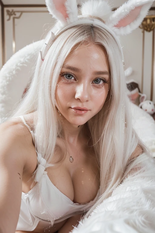 White bunny, ((crying)),((big scar in her adbomen)), fluffy stuffed animals, ethereal, sexy face, long white hair, athetic legs, bunny fluffy outfit, cute face, swear, 8k hyperrealist, (very detailed face), (selfie point of view), having fun, ((luxury)), model session pictures, bunny outfit 