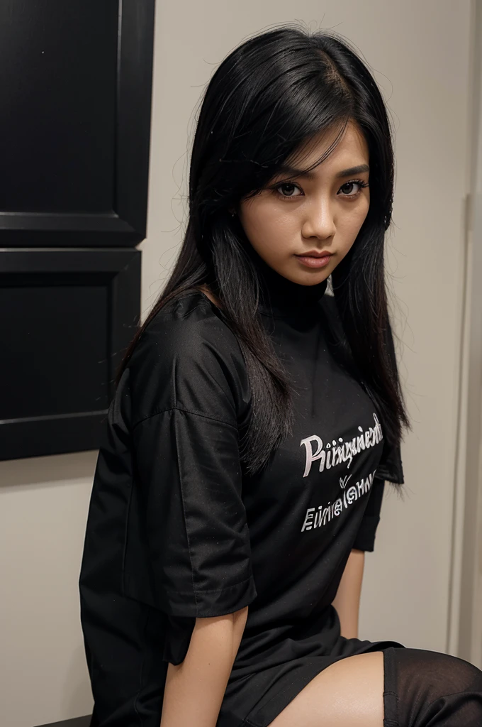 Gambarkan wanita berambut pendek bewarna hitam kuncir dua dan memakai baju untuk kerja berwarna hitam memakai pemanas hitam