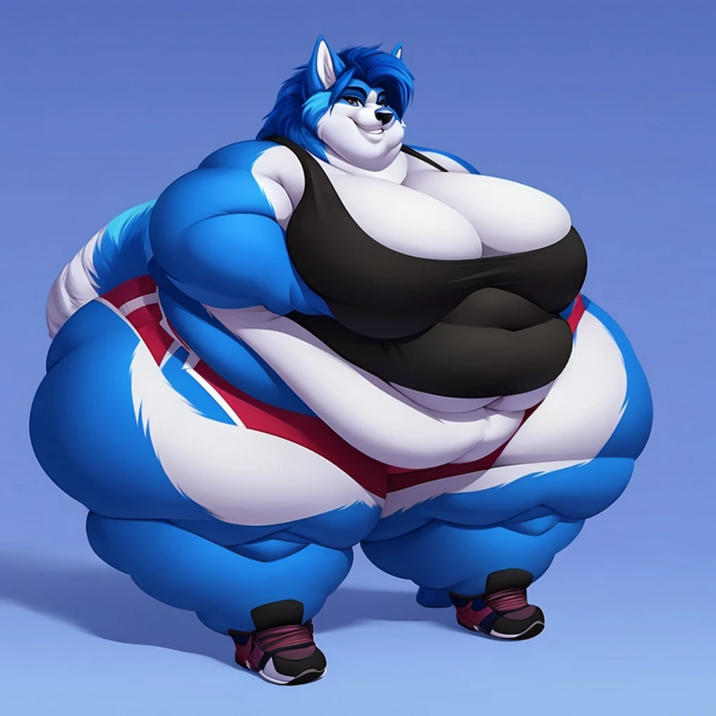 Malamute, female, long blue hair, black and blue body,, huge hips, huge thighs, plump, voluptuous,obese, gorgeous, beautiful, eyelashes, tank top, shorts,fat arms, fat legs, belly rolls, fat rolls, hip fat rolls, double chin, chubby cheeks , barefoot