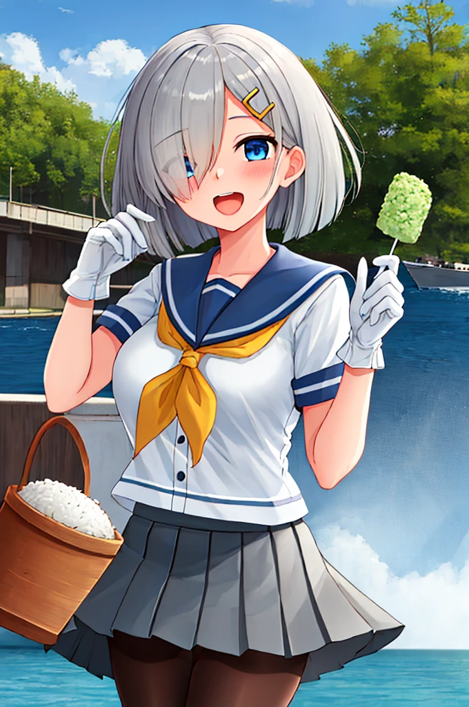 best quality, masterpiece, highres, solo, {hamakaze_kantaicollection:0.90}, 1girl, loli,younger_teen,black_pantyhose, pleated_skirt, serafuku, short_sleeves, simple_background, white_background, yellow_neckerchief, white_gloves, looking_at_viewer, grey_skirt, blush, eyes_visible_through_hair, blue_sailor_collar, dynamic_posing,long_bangs,hair_over_one_eye,harbor_school_background,outdoor,large_breasts,onigiri,riceball,girl_eating_riceball,happy,open_mouth