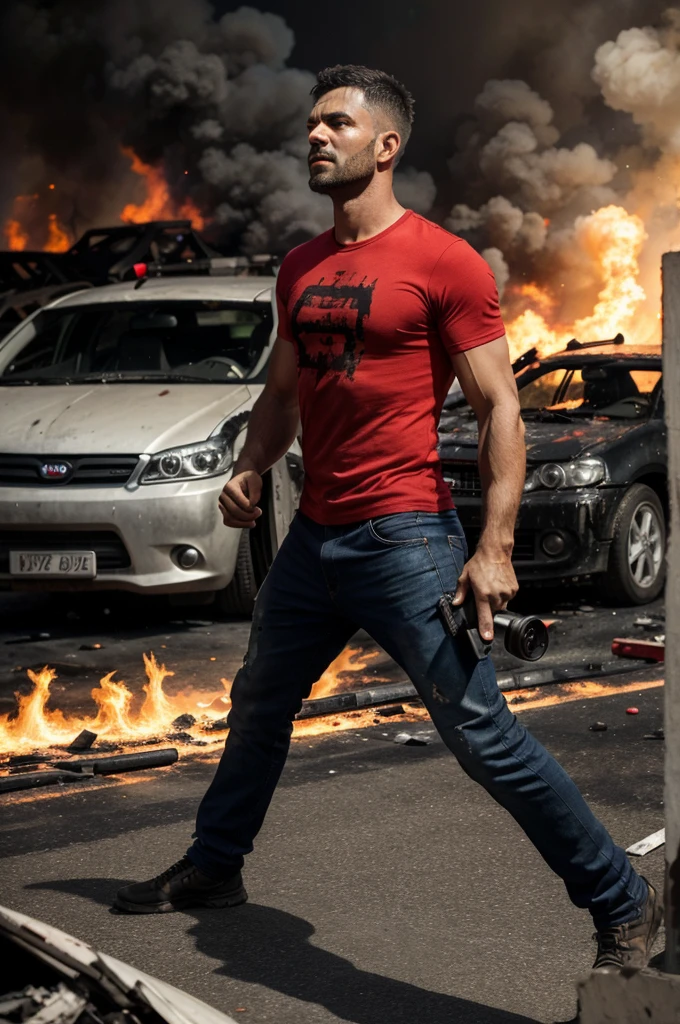 "A man with an RPG in his hands, wearing a red T-shirt, wreaks havoc everywhere. Fires blaze, cars are overturned, and many people are injured in the chaos."16:9 3d