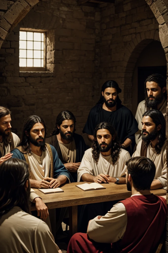 Could you create an image for me where Jesus is talking to some of his disciples while they are sitting around him listening?