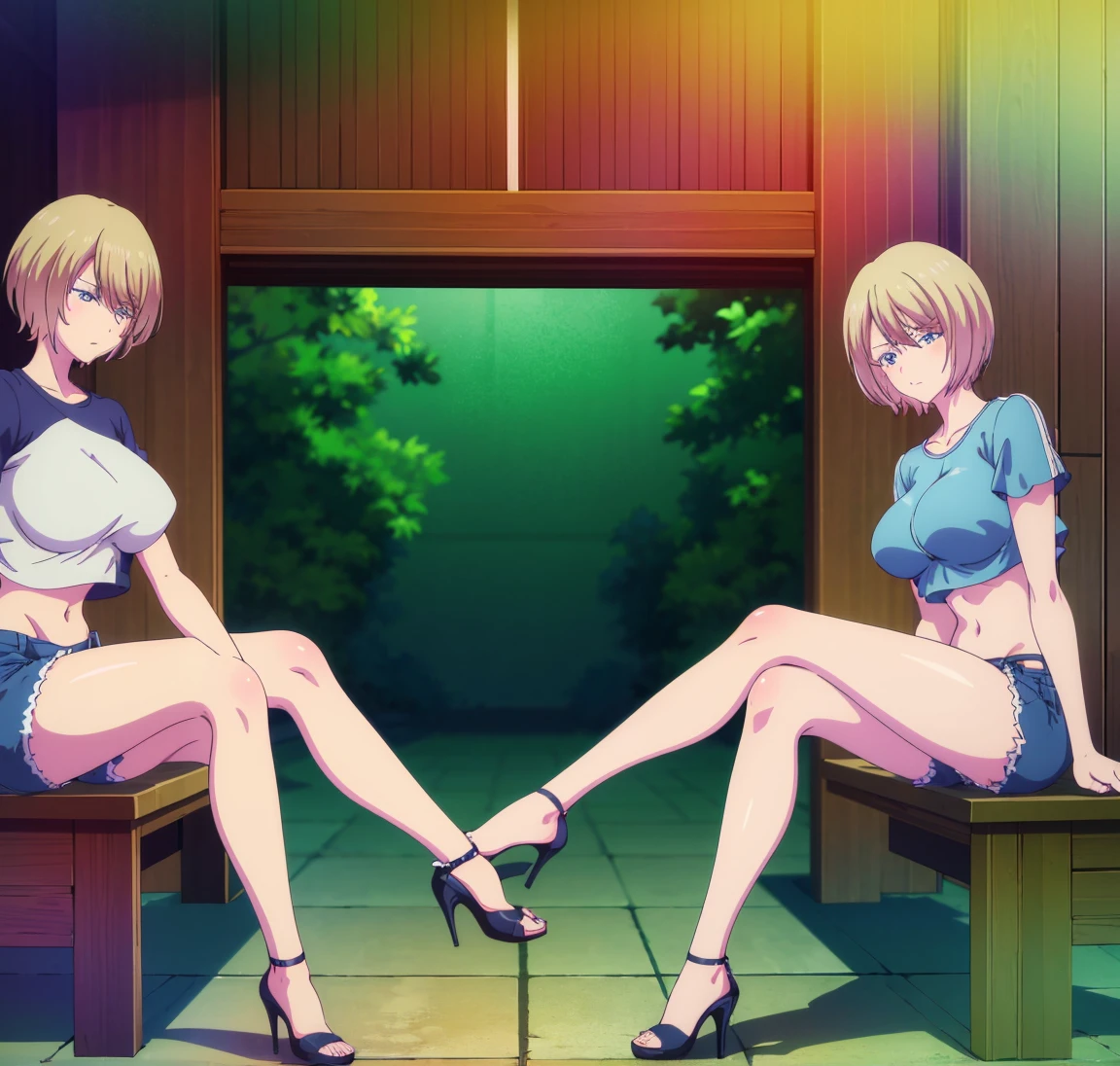 masterpiece, best quality, highres, akane hououji,full body,1girl, solo, short hair, blonde hair, blue eyes, , crop top, shorts, midriff, underboob,high heels,crossed legs, sitting, big breasts, medium waist, wide hips, medium thighs, good anatomy, good hands