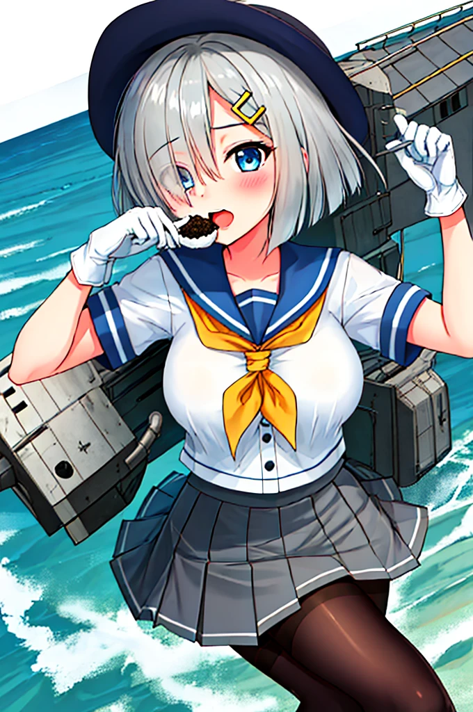 best quality, masterpiece, highres, solo, {hamakaze_kantaicollection:0.90}, 1girl, loli,younger_teen,black_pantyhose, pleated_skirt, serafuku, short_sleeves, simple_background, white_background, yellow_neckerchief, white_gloves, looking_at_viewer, grey_skirt, blush, eyes_visible_through_hair, blue_sailor_collar, dynamic_posing,long_bangs,hair_over_one_eye,harbor_school_background,outdoor,large_breasts,onigiri,riceball,girl_eating_riceball,happy,open_mouth