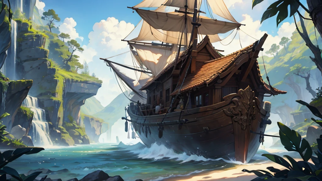 a high fantasy elven style large wooden ship with very detailed intricate carvings on it, a large lush green leafy tree growing at the front of the ship, out on the open ocean