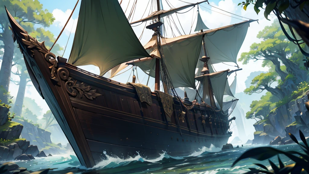 a high fantasy elven style large wooden ship with very detailed intricate carvings on it, a large lush green leafy tree growing at the front of the ship, out on the open ocean