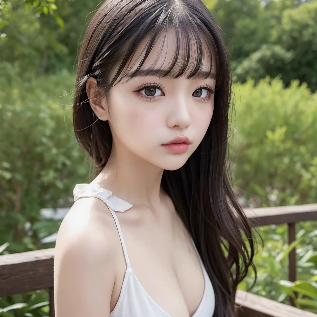 (masterpiece, highest quality),1 girl, alone, have, Realistic, Realistic, Looking at the audience, Light-coloured black eyes, Medium Hair, No clothes, Whity, lips, bangs, Outdoor, Mouth closed, Upper Body、Big eyes、eyelash、((There'There'There'There'There'There'There'、Very simple blue background:1.8))、Big eyes、big and full chest、Looking at the audience、Beautiful beauty、Show me your ears、Long neck、smile、please close your mouth and smile)))、Ideal body type、{Huge|big|Hugeな|Mega} chest, chestの谷間:2幸せなsmile