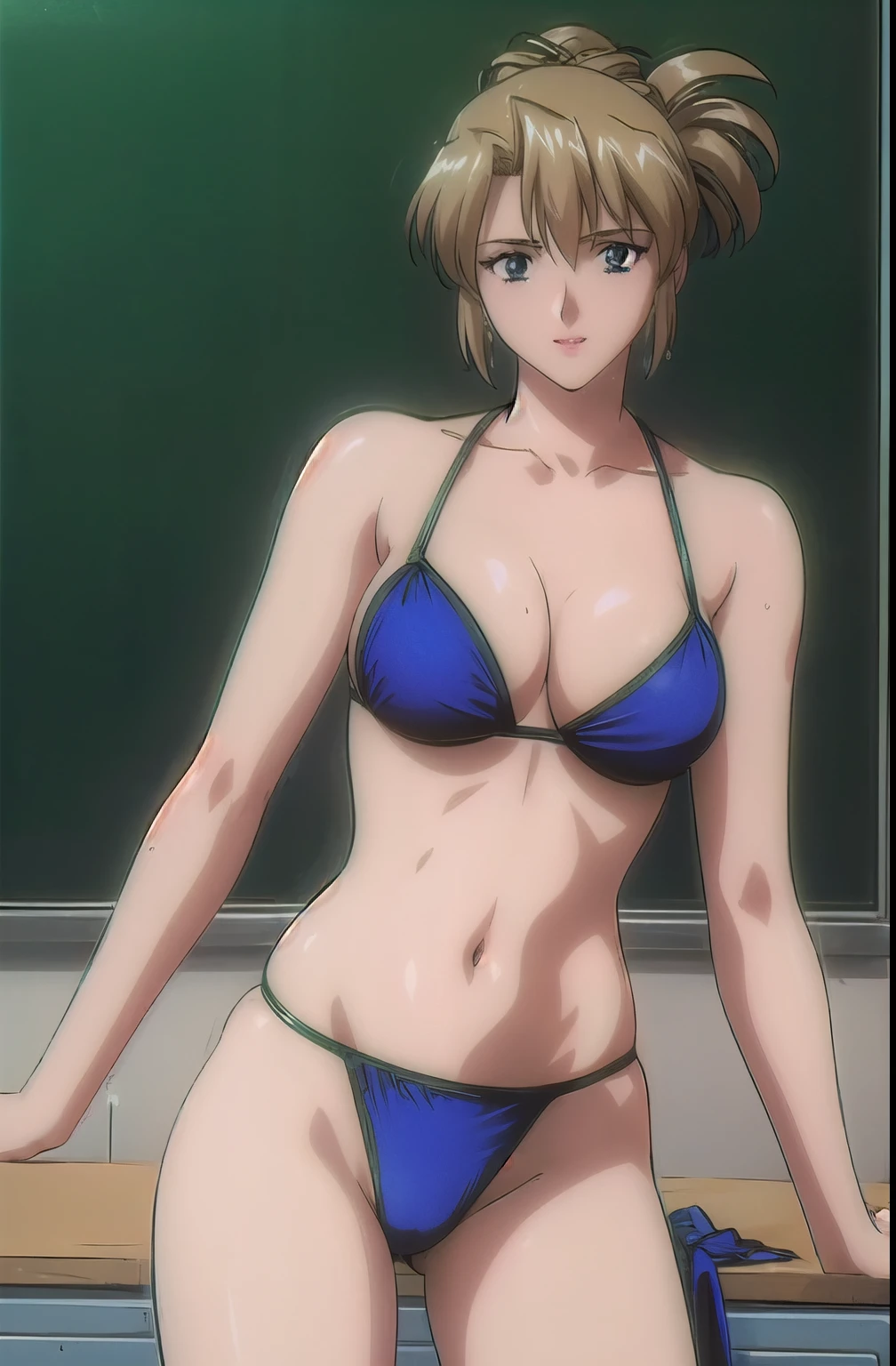 masterpiece, best quality, 1girl, looking at viewer, ultra detailed, cowboy shot, folded ponytail, teacher, classroom, chalkboard, bright image, blue bikini, hot colors, big breasts, cleavage, confident smile, biceps, long belly