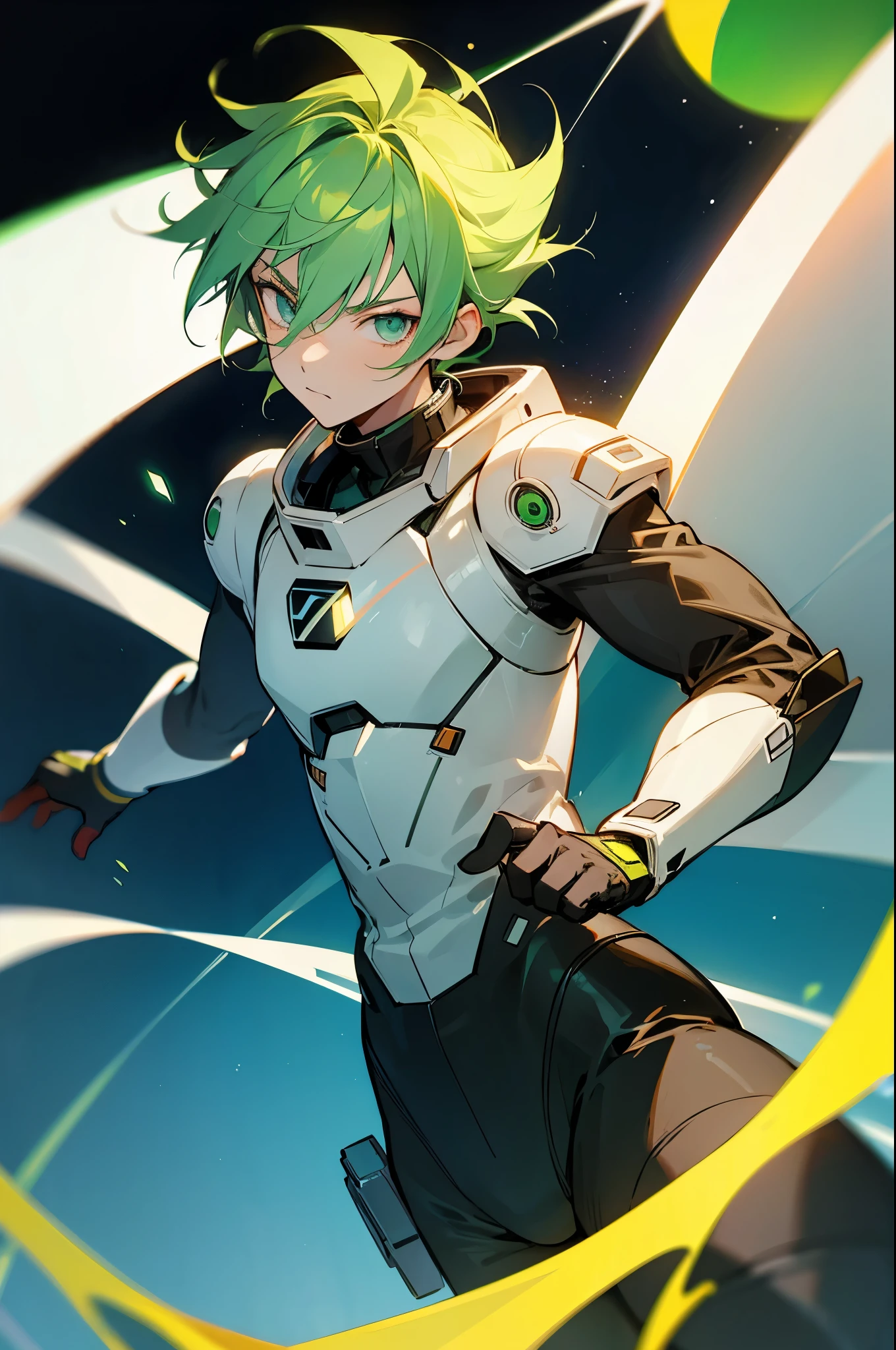 light green hair, anime teen guy, black space suit, energy ball, hair glow