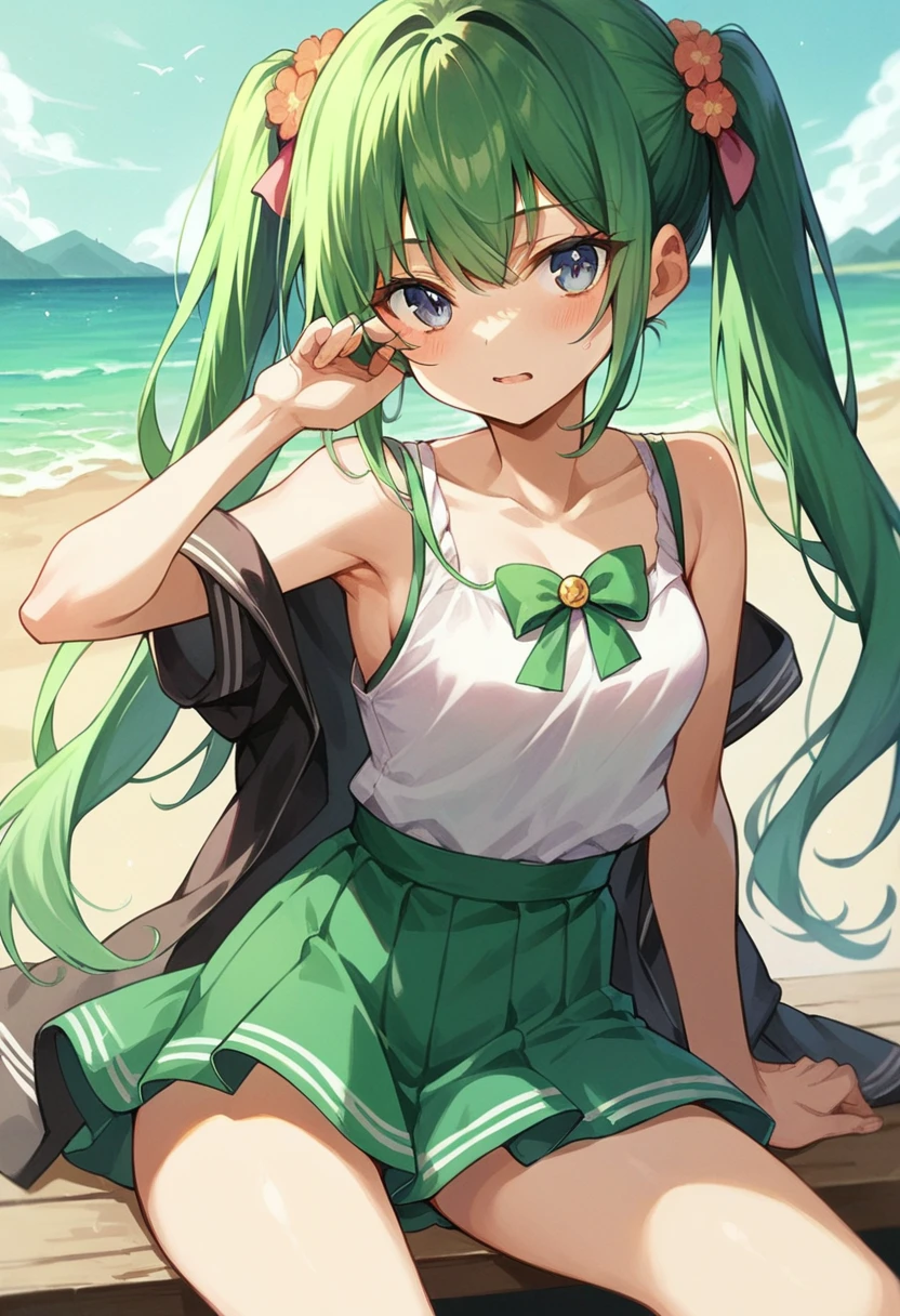 Summer vacation,(:1.2),Akihabara Maid Clothing,mini skirt,Green Hair Anime Girl,(Twin tails:1.1),Small breasts