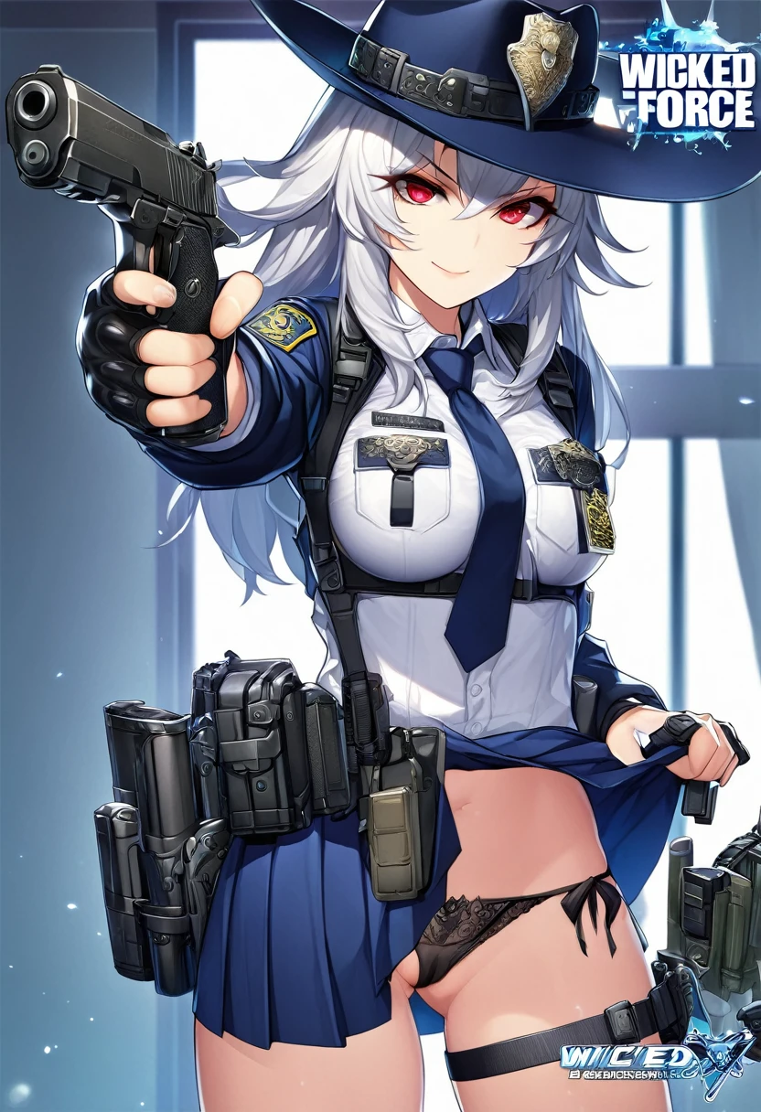 NSFW,1girl,Fox Girl,Slit eyes,Silver Hair,Red eyes,long trimmed hair,high school girl,Police uniform,Mobile Task Force Equipment,Wicked Smile,full Art,skirt lift,BLACK pantie,Pointing a Gun,Handgun,Crotch crack