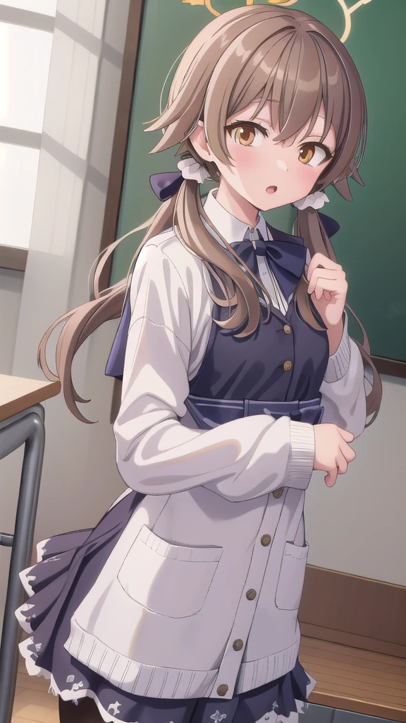 bluearchivehifumi, hifumi, brown hair, hair between eyes, hair bow, hair ribbon, halo, long hair, low twintails, sidelocks, twintails, wing hair ornament, (brown eyes:1.5), (flat chest:1.),
BREAK black pantyhose, black skirt, long sleeves, pantyhose, pleated skirt, ribbon, , serafuku, skirt,
BREAK looking at viewer,
BREAK indoors, classroom,
BREAK (masterpiece:1.2), best quality, high resolution, unity 8k wallpaper, (illustration:0.8), (beautiful detailed eyes:1.6), extremely detailed face, perfect lighting, extremely detailed CG, (perfect hands, perfect anatomy),