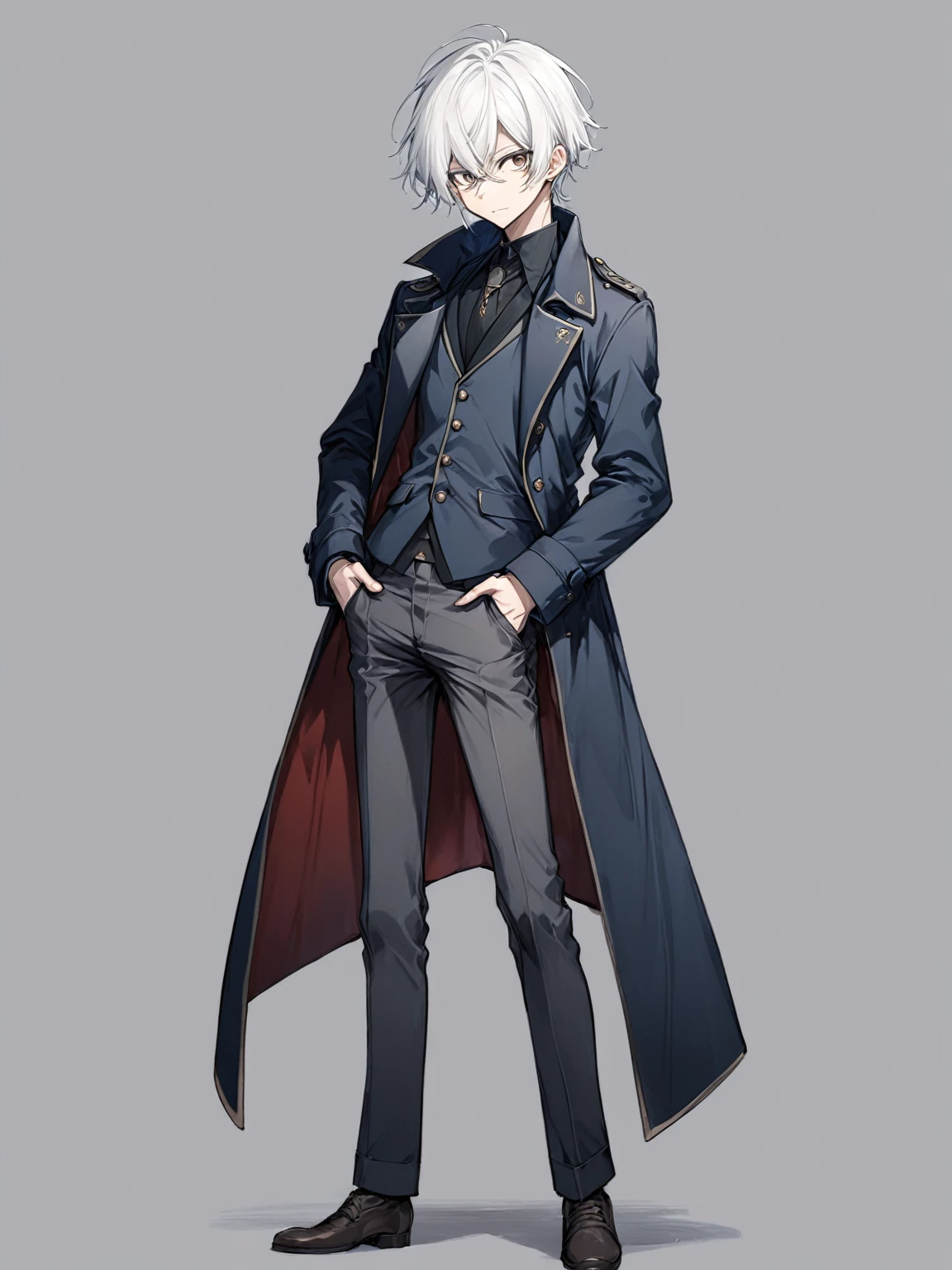 male, anime style, 2d, young, white hair, dark blue coat, dark grey pants, standing pose, high definition
