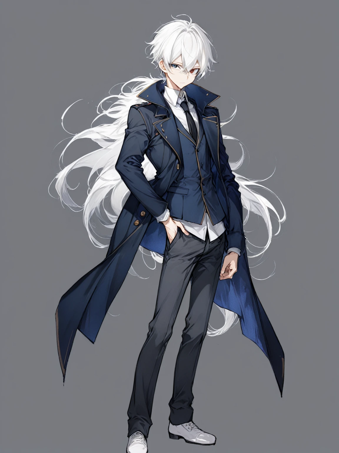male, anime style, 2d, young, white hair, dark blue coat, dark grey pants, standing pose, high definition