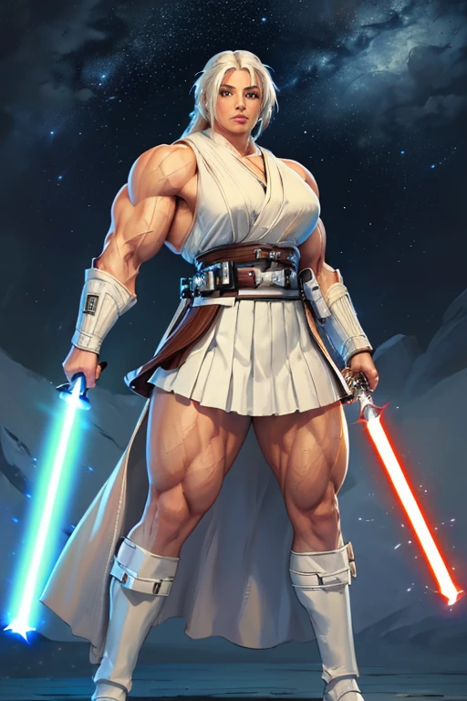 ((((Massive, tall, beautiful, buff, muscular light brown skinned female Jedi with white hair, ginormous bulky muscles, holding a lightsaber and wearing an all white Jedi outfit and pleated skirt)))), (close view), black eyeliner, massive muscles, massive biceps, hyper muscle triceps, (long straight hair), blue eyes, jedi gauntlets, Jedi boots, In space, Jedi outfit, nighttime, confident smile, (hyper muscles arms), hyper muscle legs, (ginormous arms)