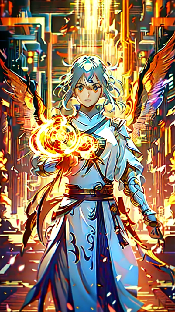 Close-up of a aschgray haired woman wearing sword and armor, detailed key anime art with fiery golden flame wings, detailed anime art, detailed anime artwork, winding in flames, detailed digital anime art with fiery golden wings, HD anime wallabies, flames surrounding her, epic light novel art cover, anime wallabies, HD anime art, super detail, 8k