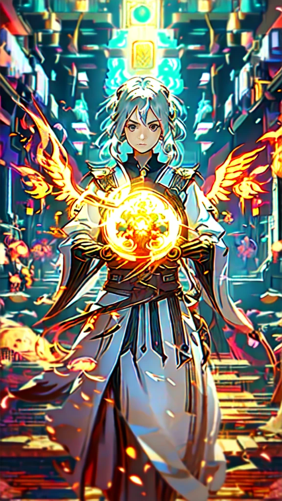 Close-up of a aschgray haired woman wearing sword and armor, detailed key anime art with fiery golden flame wings, detailed anime art, detailed anime artwork, winding in flames, detailed digital anime art with fiery golden wings, HD anime wallabies, flames surrounding her, epic light novel art cover, anime wallabies, HD anime art, super detail, 8k