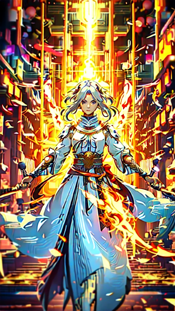 Close-up of a aschgray haired woman wearing sword and armor, detailed key anime art with fiery golden flame wings, detailed anime art, detailed anime artwork, winding in flames, detailed digital anime art with fiery golden wings, HD anime wallabies, flames surrounding her, epic light novel art cover, anime wallabies, HD anime art, super detail, 8k