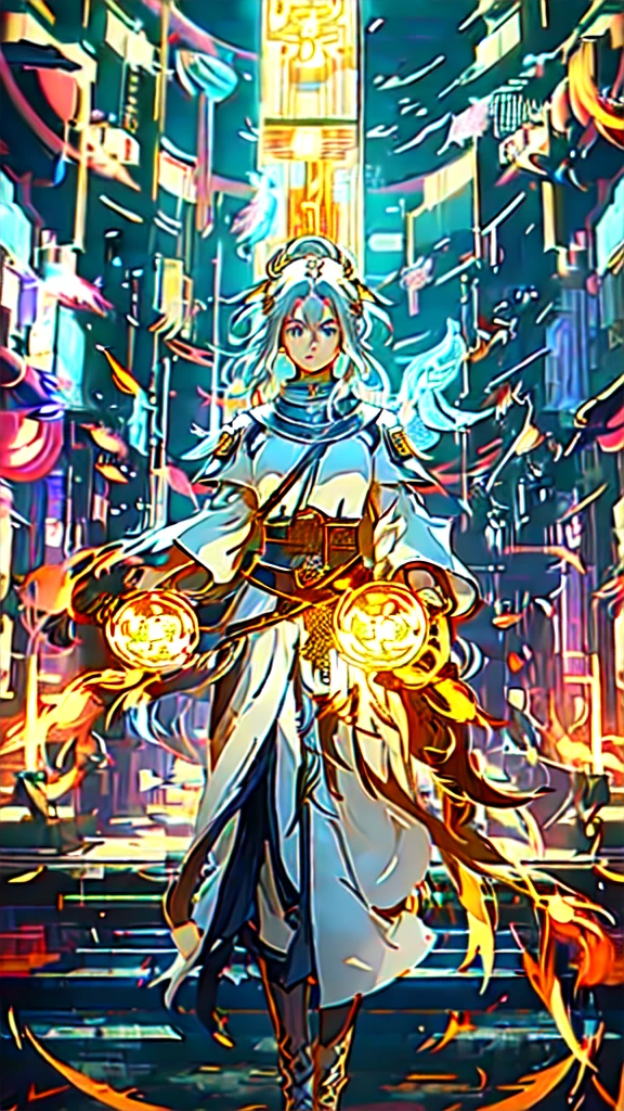 Close-up of a aschgray haired woman wearing sword and armor, detailed key anime art with fiery golden flame wings, detailed anime art, detailed anime artwork, winding in flames, detailed digital anime art with fiery golden wings, HD anime wallabies, flames surrounding her, epic light novel art cover, anime wallabies, HD anime art, super detail, 8k