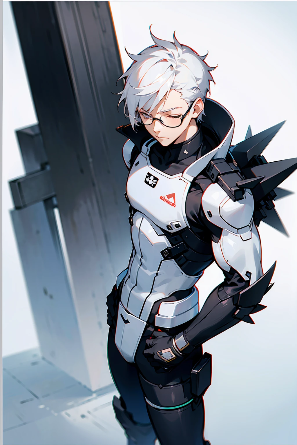1male, Young Adult, White Hair, Eyes Closed, Short Hair, Spikey Hair, Dojo Background, Slight Smile, Glasses, Standing In City, Detailed background, Black and White Combat Suit