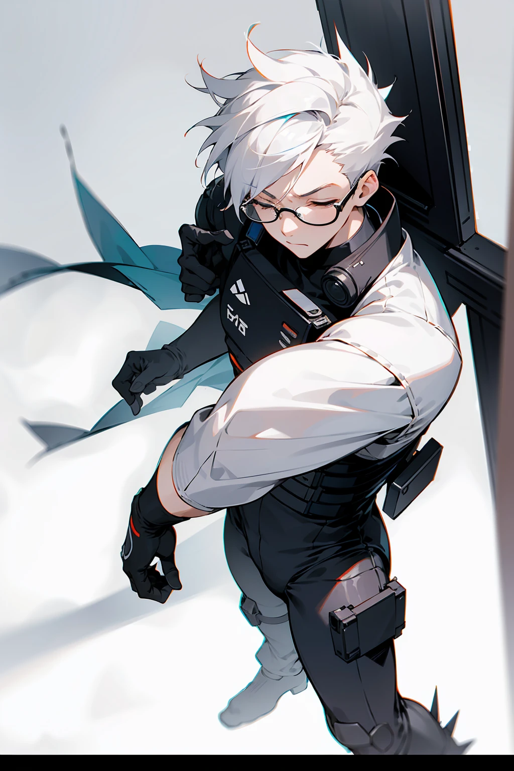 1male, Young Adult, White Hair, Eyes Closed, Short Hair, Spikey Hair, Dojo Background, Slight Smile, Glasses, Standing In City, Detailed background, Black and White Combat Suit