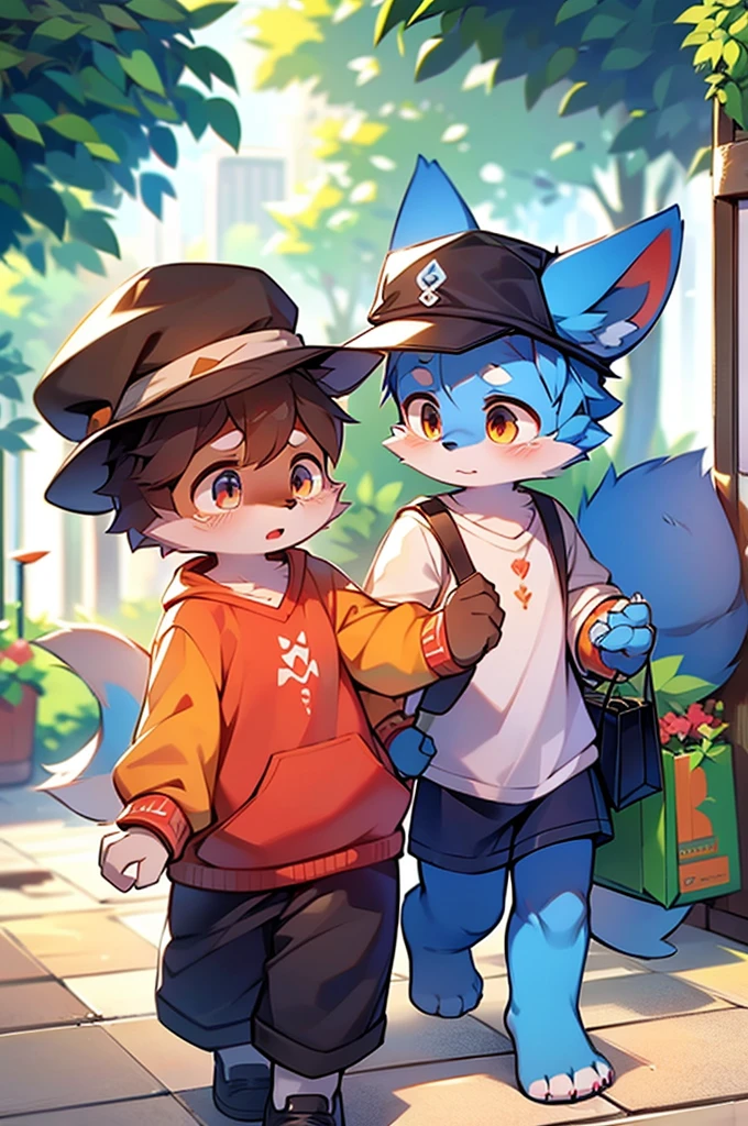 Blue fur, Canine, fox motif, Couple of girls and boys, uniform、Hand in hand，Both of them are crying，Shopping Mall Dating，