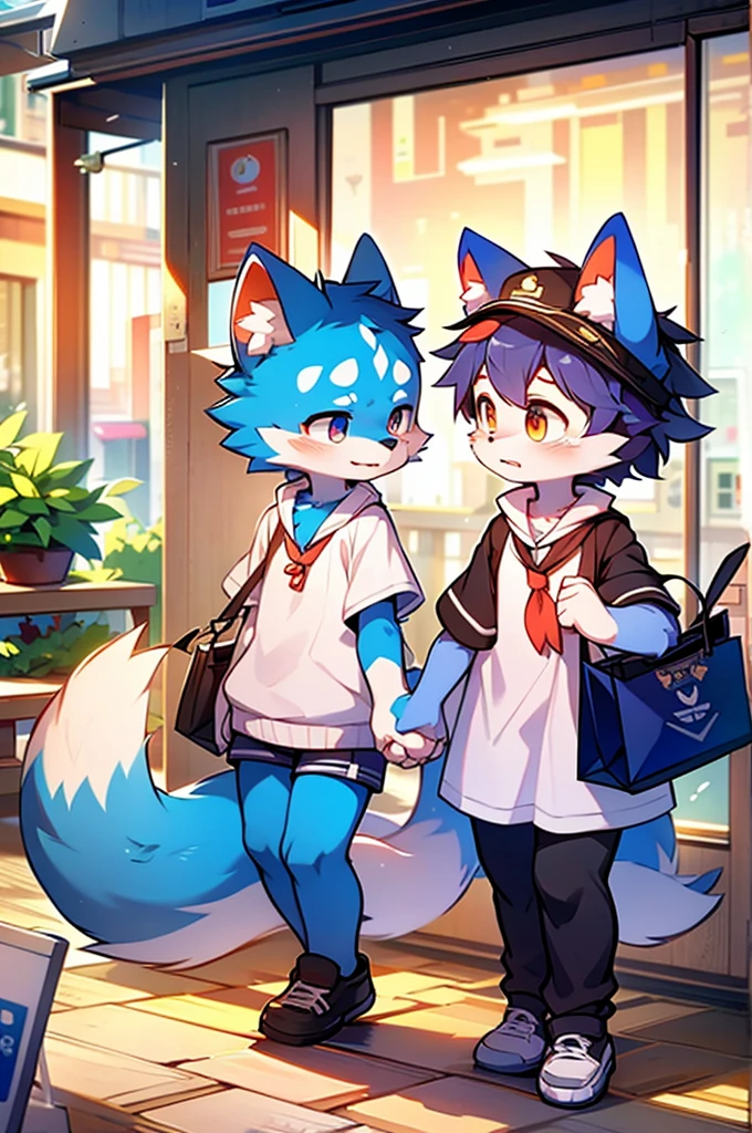 Blue fur, Canine, fox motif, Couple of girls and boys, uniform、Hand in hand,Both of them are crying,Shopping Mall Dating,