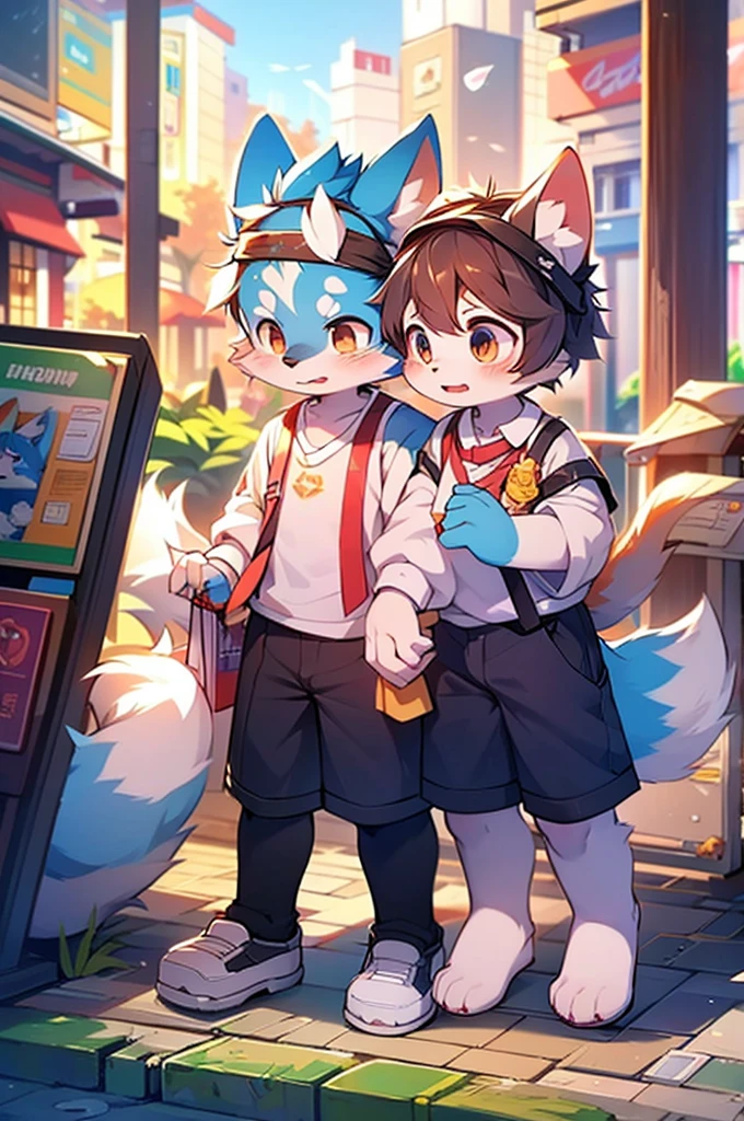 Blue fur, Canine, fox motif, Couple of girls and boys, uniform、Hand in hand,Both of them are crying,Shopping Mall Dating,